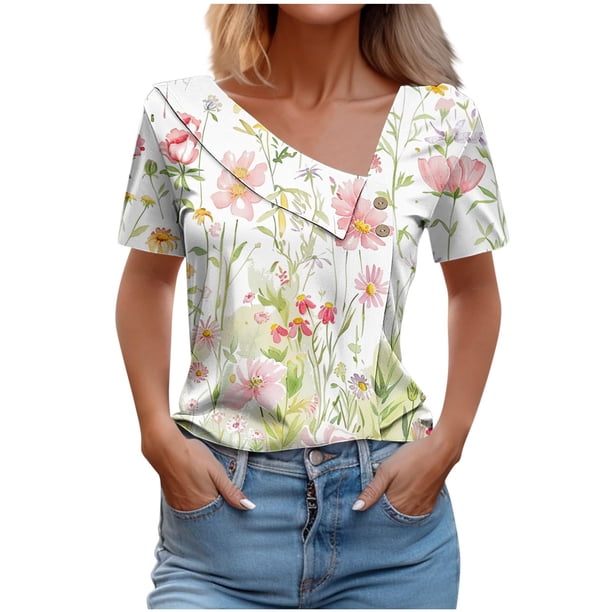 Top de Verano Mujeres Cuello en V Casual Top de Manga Corta, Ligera Primavera Y Blusa de Verano para las Mujeres