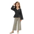 thumbnail image 4 of SGFCWSX Girls 2 Piece Outfits Bell Sleeve V Neck Peplum Tops Striped Wide Leg Pants Casual Clothes Set Black Size 15, 4 of 8