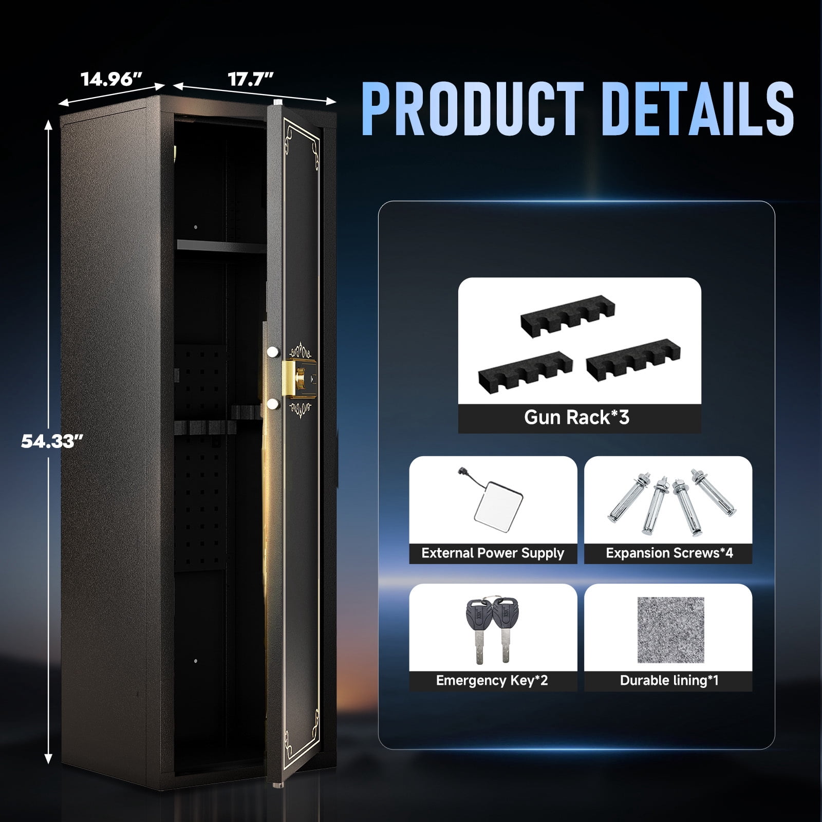 Sapital 10-12 Biometric Rifle Safe, Touchscreen Gun Cabinet with Adjustable Shelves & Gun Rack