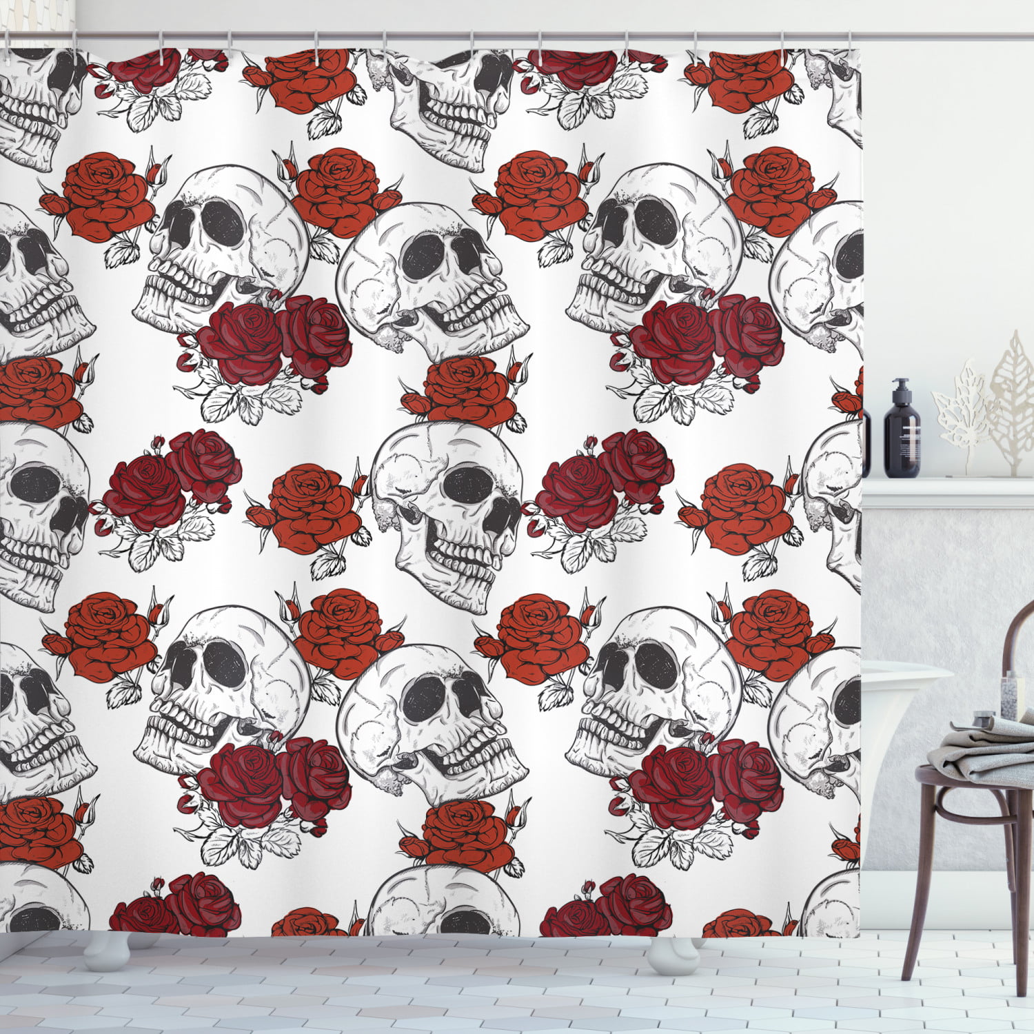 Waterproof Fabric Gothic Skeleton Skull Shower Curtain Liner Bathroom Hooks 72" 
