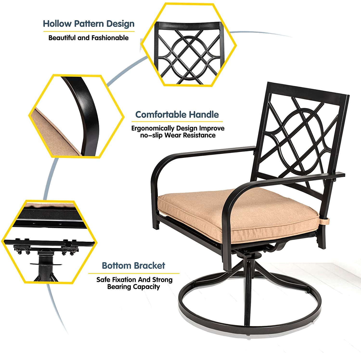 SOLAURA Patio Metal Swivel Chairs Outdoor Dining Chairs Set of 2 with Brown Cushion