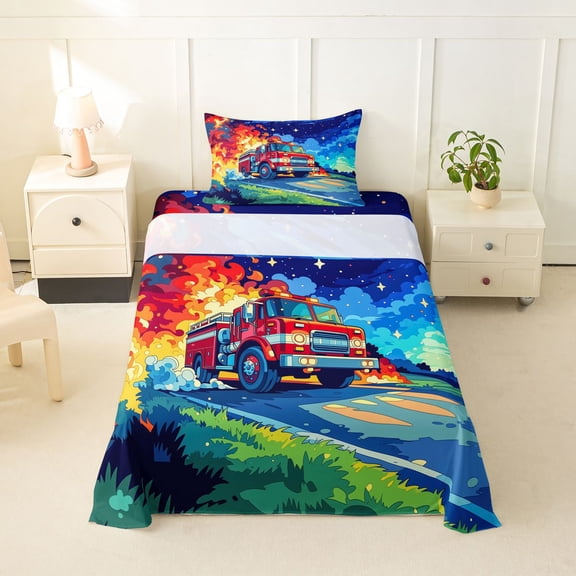 Castle Fairy Cartoon Fire Truck Twin Sheet Sets 3pcs for Toddlers, Night Flame Print Bedding for Bedroom, Red Blue