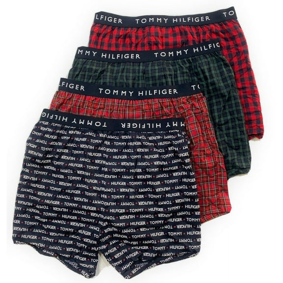 TOMMY HILFIGER MEN X4 - RB PLAID GREEN RED SMALL - 4 PACK WOVEN BOXER UNDERWEAR