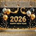 thumbnail image 3 of Gold Black Theme Happy New Year Banner Sparkling Stars Festive Backdrop Metallic Balloons Golden Garland Holiday Background for New Year Party Family Gathering Indoor Event, 3 of 9
