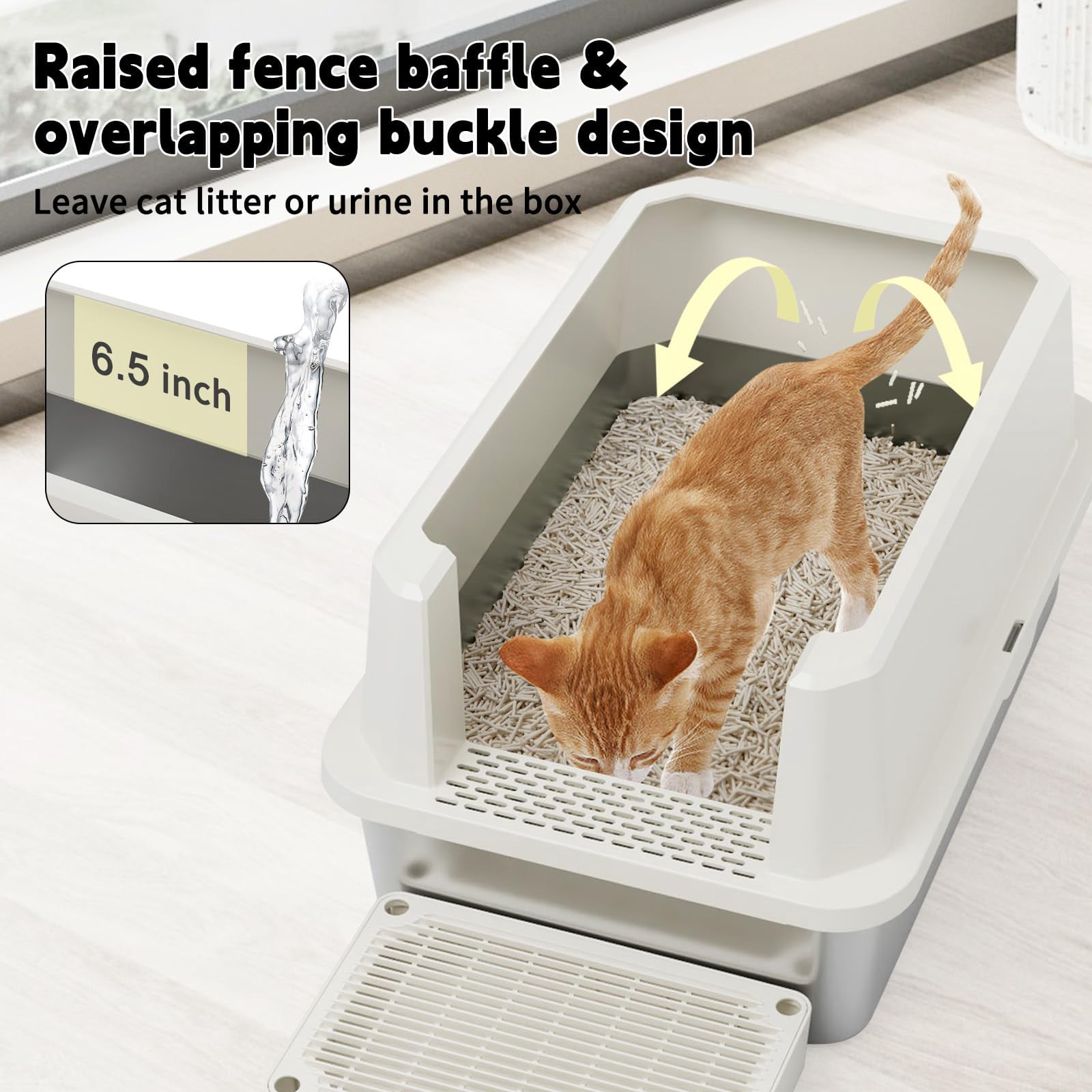 Open Cat Litter Box: Large Beige Stainless Steel Pan 23.8" X 15.9" 12.4" - High Sided Splash-proof Easy Clean Toilet For Cats Up To 20 Lbs Ideal Laundry Areas Apartments