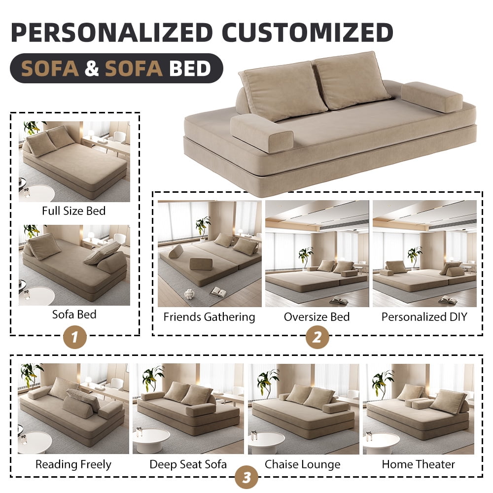 Miniyam Convertible Modular Floor Sofa Bed, Chenille Floor Couch with Backrest for Living Room, Camel