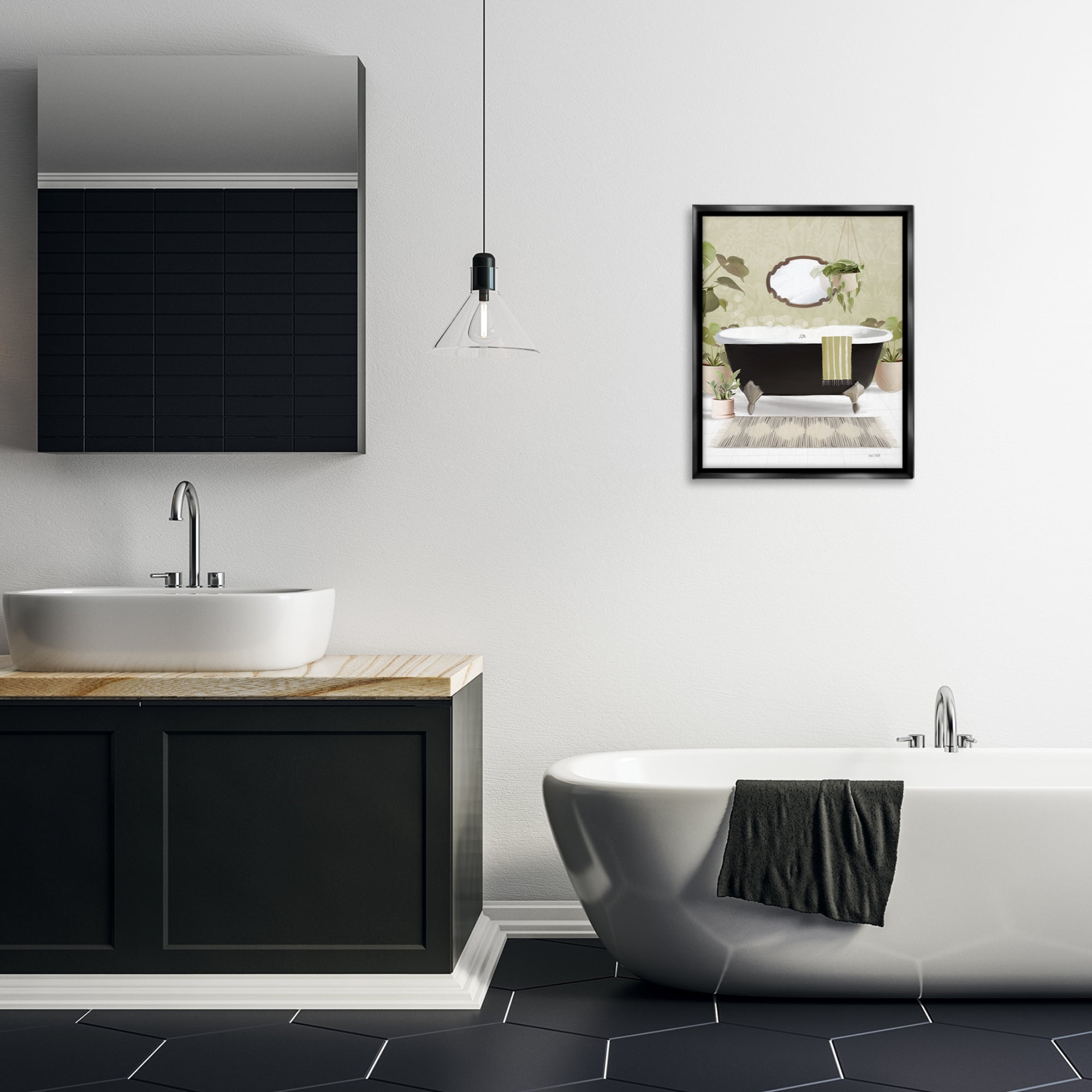 Stupell Industries Relaxing Bathroom Tub Bath & Laundry Painting Black Floater Framed Canvas Art Print Wall Art, 17 x 21