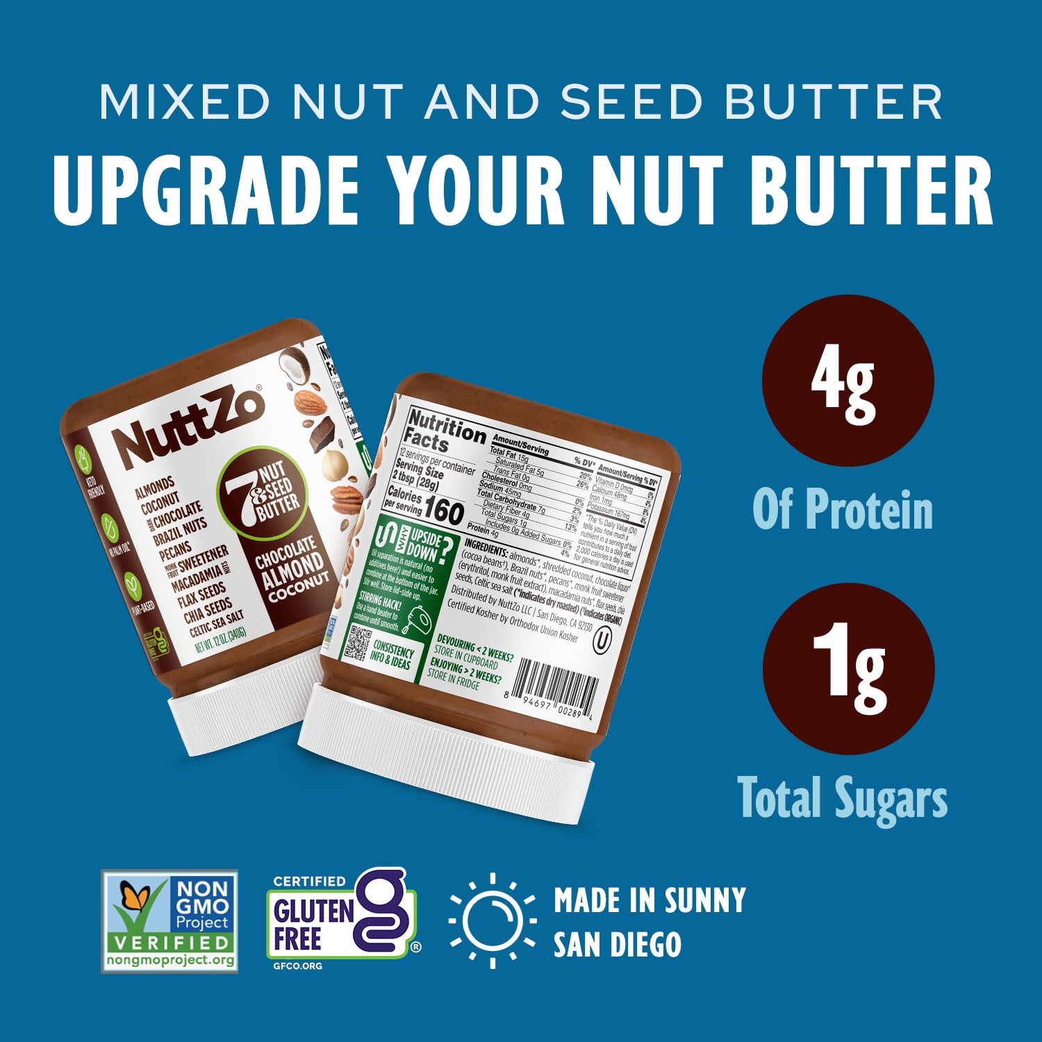 (2 pack) NuttZo, Dark Chocolate Almond Coconut 7 Nut & Seed Butter, Plant-Based, No Palm Oil,12 oz Jar