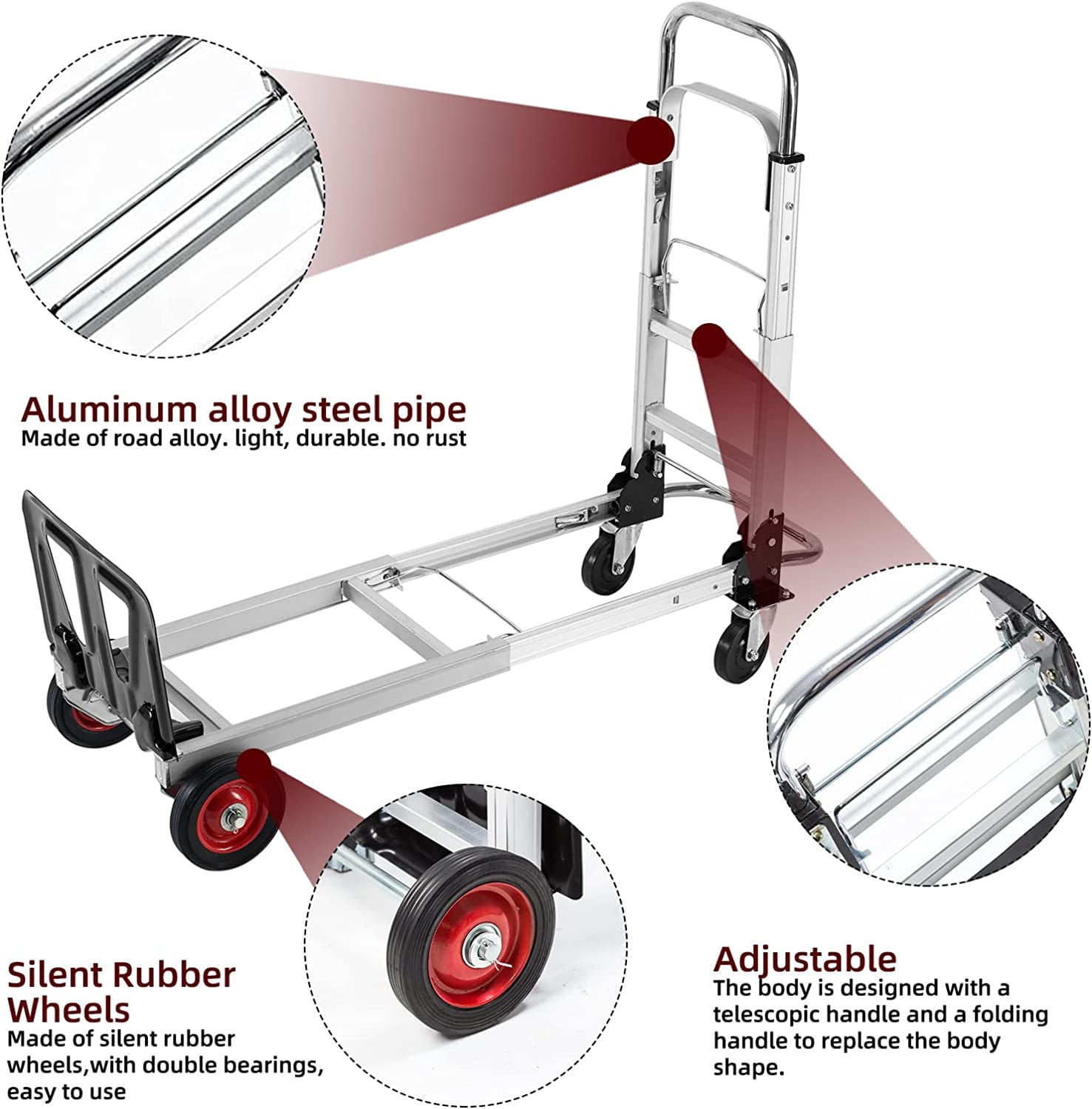 SHZOND 2 in 1 Folding Hand Truck 330 lbs Load Capacity Dolly Cart,Heavy Duty Aluminum Hand Truck with 4 Wheels