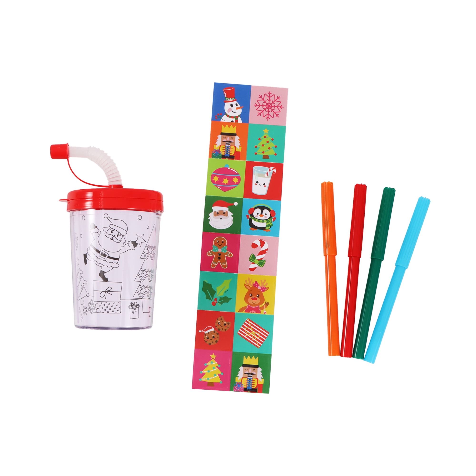 6CT DIY  Red Paint Straw Tumbler, Novelty, with Stickers and Four Markers, Holiday Time, DIY paint set
