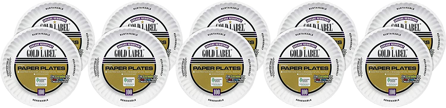 AJM Packaging CP9GOEWH Gold Label Coated Paper Plates, 9-Inch dia, White, 100/Pack, 10 Packs/Carton