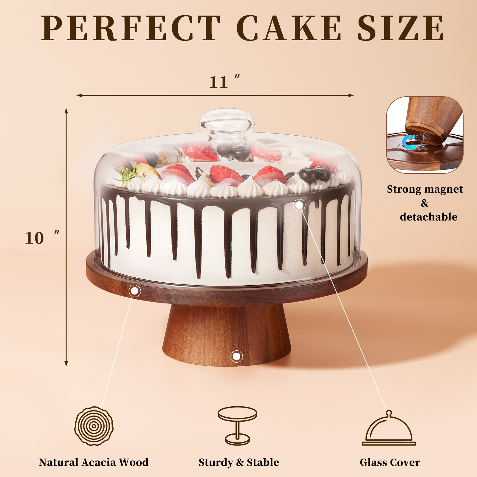 VIVIRBIEN Wood Cake Stand with Dome, 11 Inch, 2-in-1 Design photo 2