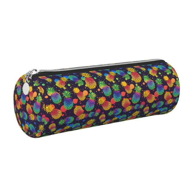 Bingfone Trousse Cylindrique en Cuir Motif Ananas Colorés, Grande Capacité Trousse de Rangement Zippée, Adaptée pour Campus, Bureau, Unisexe