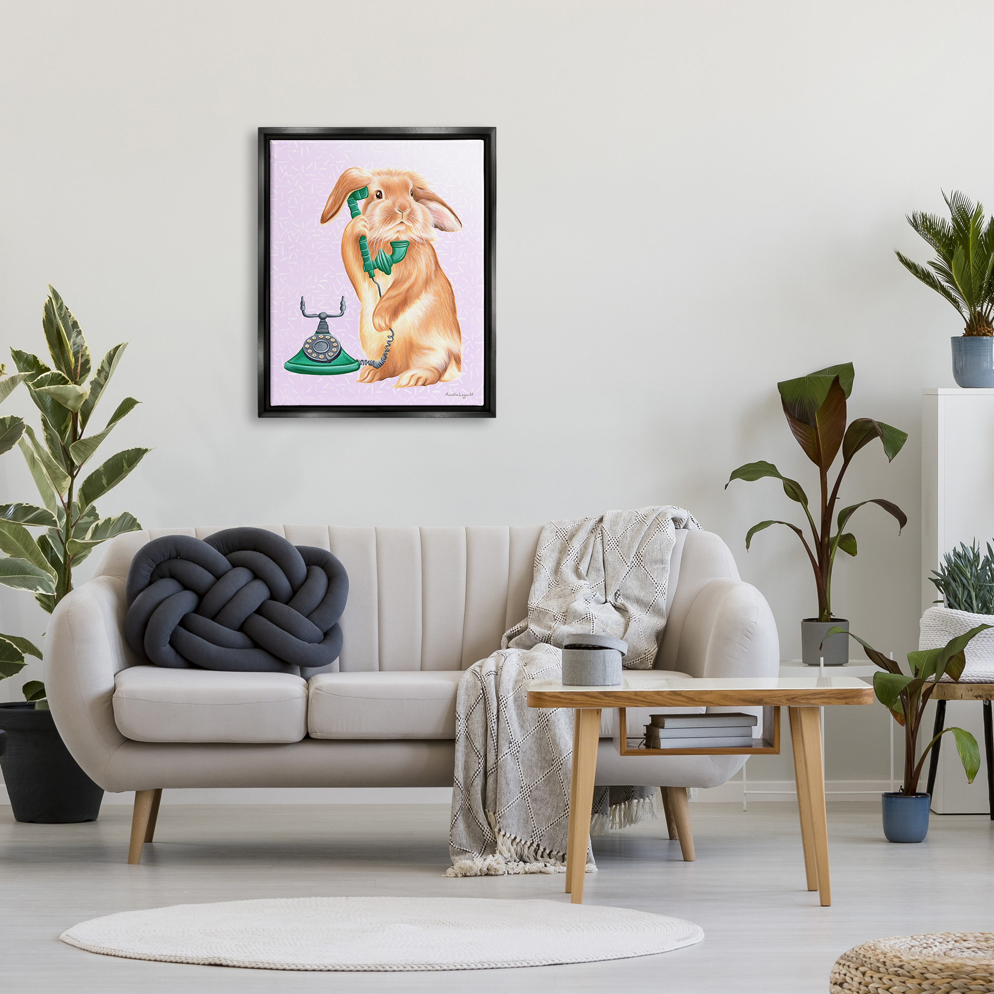 Stupell Industries Fluffy Bunny Rabbit Talking Green Rotary Phone Graphic Art Jet Black Floating Framed Canvas Print Wall Art, Design by Amelie Legault