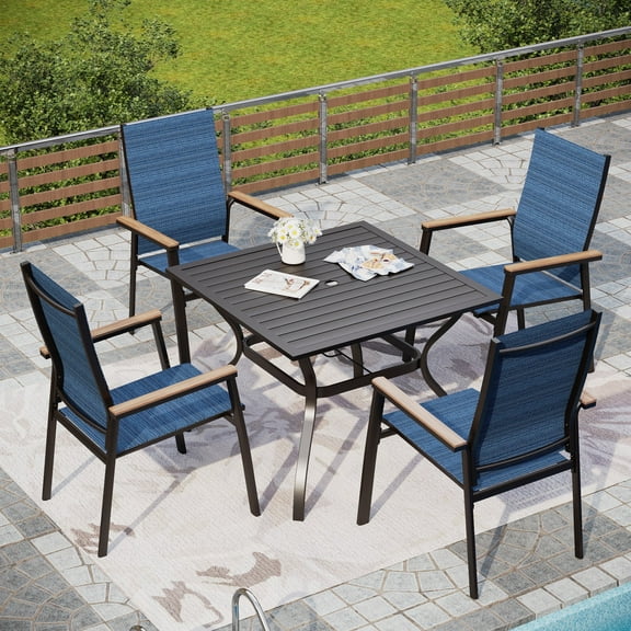 Alpha Joy Outdoor Patio Dining Set with 37" Square Metal Table & Textilene Chairs for 4, Blue