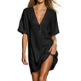 thumbnail image 3 of Ihhxva Cotton Dress for Women V-Neck Short Sleeve Relaxed Fit Cropped Stretchable Summer Loose Solid Color Mini Length Shift Style Sundress Beach Vacation Party S-2XL, 3 of 9