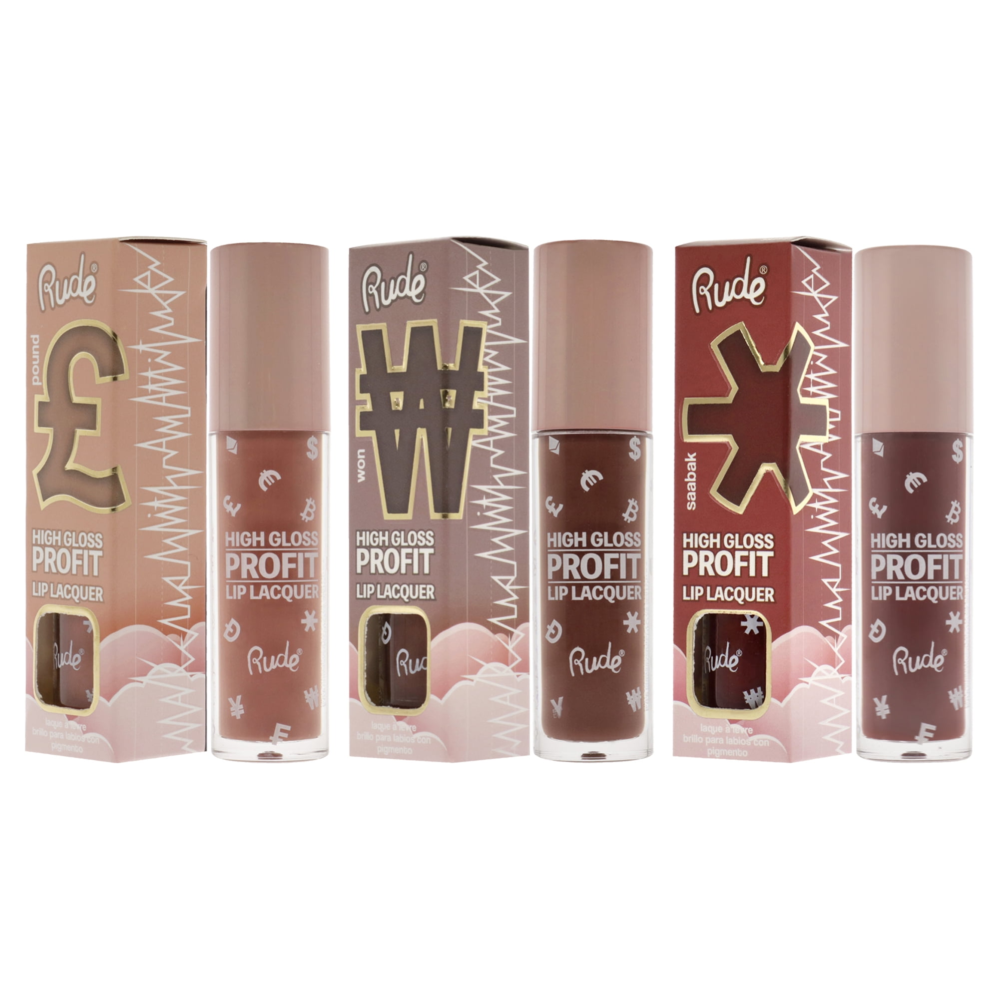 Rude Cosmetics High Gloss Profit Lip Lacquer Kit , 3 Pc Kit 3 X 0.141oz Lip Gloss - Pound, Saabak, Won- Pack of 3