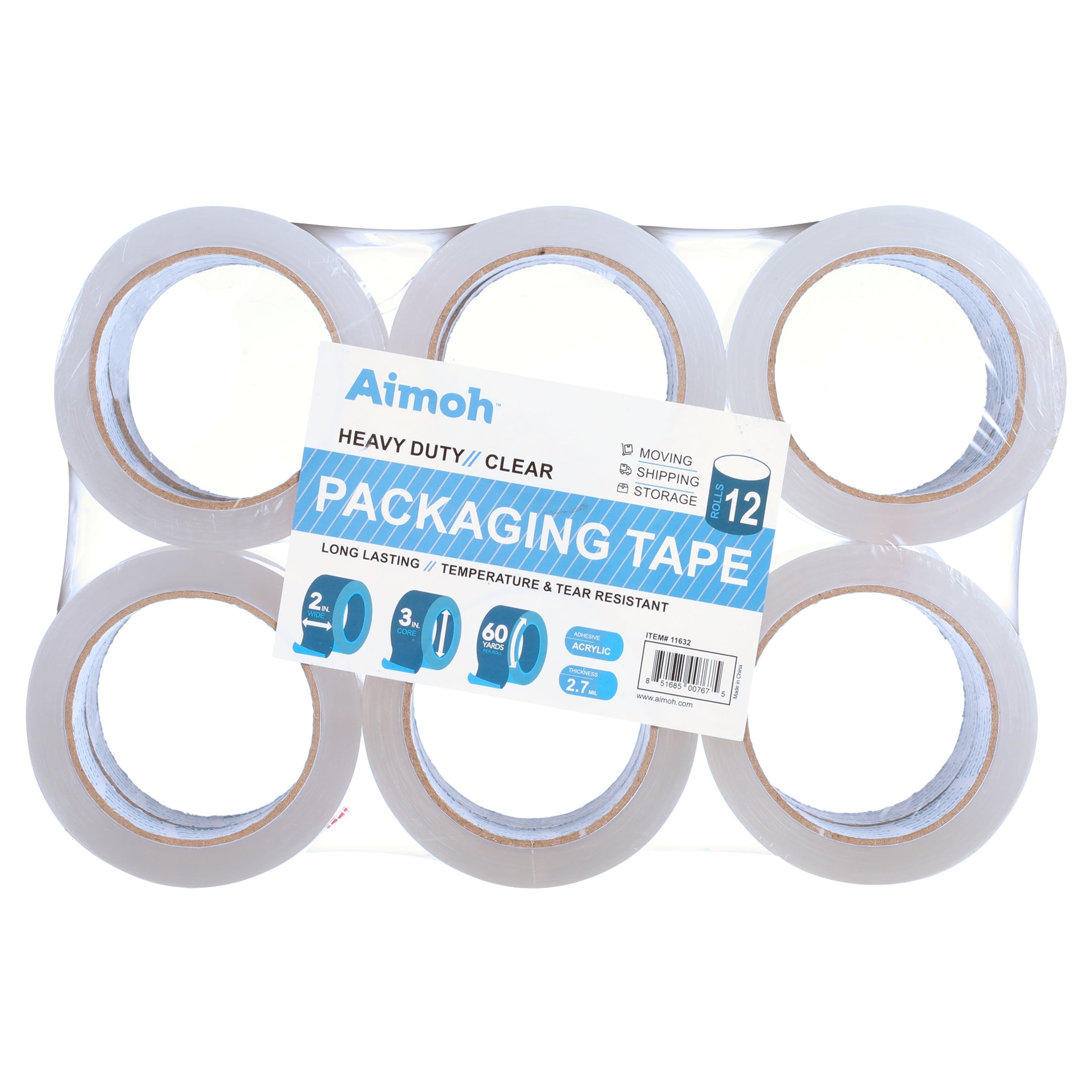 Clear Packing Tape, 2.7mil, Size 1.88 x 60 Yard, 12 Rolls - Heavy Duty Commercial Grade - Acrylic Adhesive - 3 Inch Core - Refill - Great for Moving, Packaging and Shipping (11632)