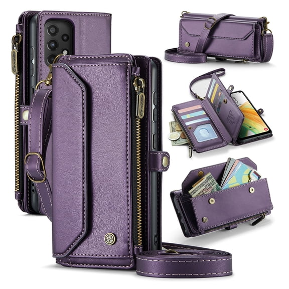 for Samsung Galaxy A53 5G Full Body Protection Wallet Folio Flip Case, Shoulder Strap & Wristlet Card Slots Zipper Pocket RFID Blocking Rugged Durable PU Leather Phone Case Cover, Purple