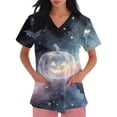 thumbnail image 4 of Domuza Women Halloween Scrubs Shirts Pumpkin Printed Casual Soft Stretchy Short Sleeve V Neck Tee Shirts Breathable Nurse Uniforms Tops with Pocket Dark Gray S, 4 of 5