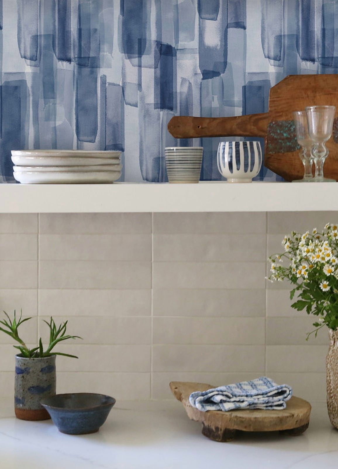 Mr. Kate Watercolor Glass Dark Blue Peel and Stick Wallpaper
