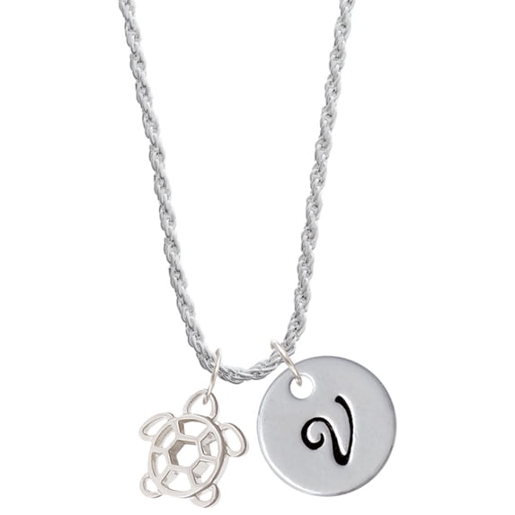 Delight Jewelry Silvertone Cutout Sea Turtle Silvertone Script Initial Disc - V - Charm Necklace, 20"+3"