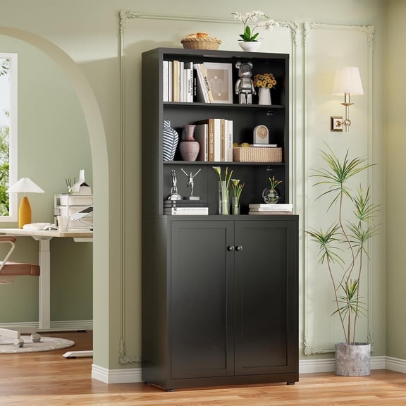 JHYKFG 71.6" Tall Bookcase with Doors, Metal 6 Tier Large Bookshelf with Storage Cabinet&Adjustable Shelves, Floorstanding Bookshelf for Living Room Home Office, Black