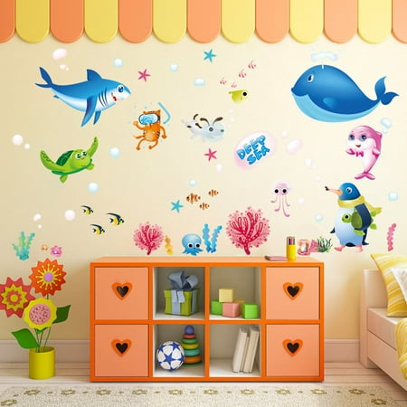 Saltwater Fish Decal - Colorful Fish Shark Ocean Wall Stickers Vinyl Decal Mural Kid's Room Decor
