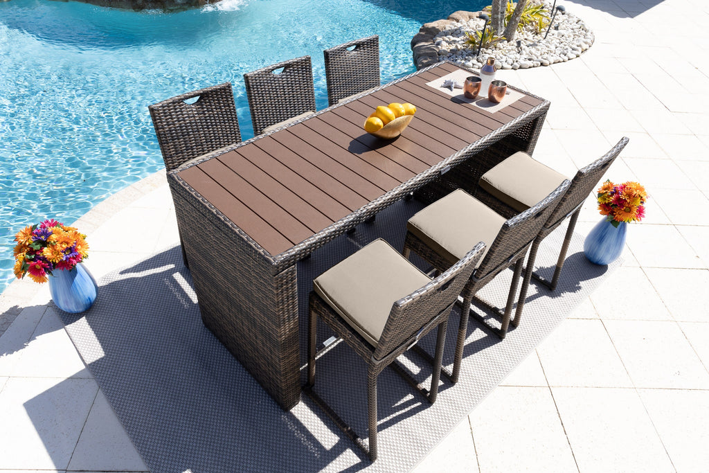 Sorrento 7-Piece Resin Wicker Outdoor Patio Furniture Bar Set in Brown w/Bar Table and Six Bar Chairs (Flat-Weave Brown Wicker, Sunbrella Canvas Taupe) - image 1 of 5
