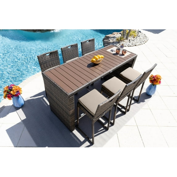 Sorrento 7-Piece Resin Wicker Outdoor Patio Furniture Bar Set in Brown w/Bar Table and Six Bar Chairs (Flat-Weave Brown Wicker, Sunbrella Canvas Taupe)