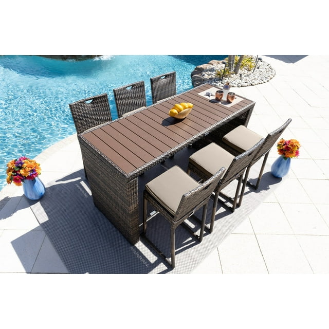 Sorrento 7-Piece Resin Wicker Outdoor Patio Furniture Bar Set in Brown w/Bar Table and Six Bar Chairs (Flat-Weave Brown Wicker, Sunbrella Canvas Taupe)