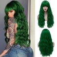 thumbnail image 1 of Sallcks Peluca verde ondulada larga y rizada para mujer con flequillo Disfraz de cosplay de Halloween Pelucas completas Pelucas de pelo verde de fibra sintética con gorro de peluca, 1 of 5
