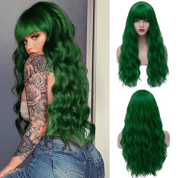 Sallcks Peluca verde ondulada larga y rizada para mujer con flequillo Disfraz de cosplay de Halloween Pelucas completas Pelucas de pelo verde de fibra sintética con gorro de peluca