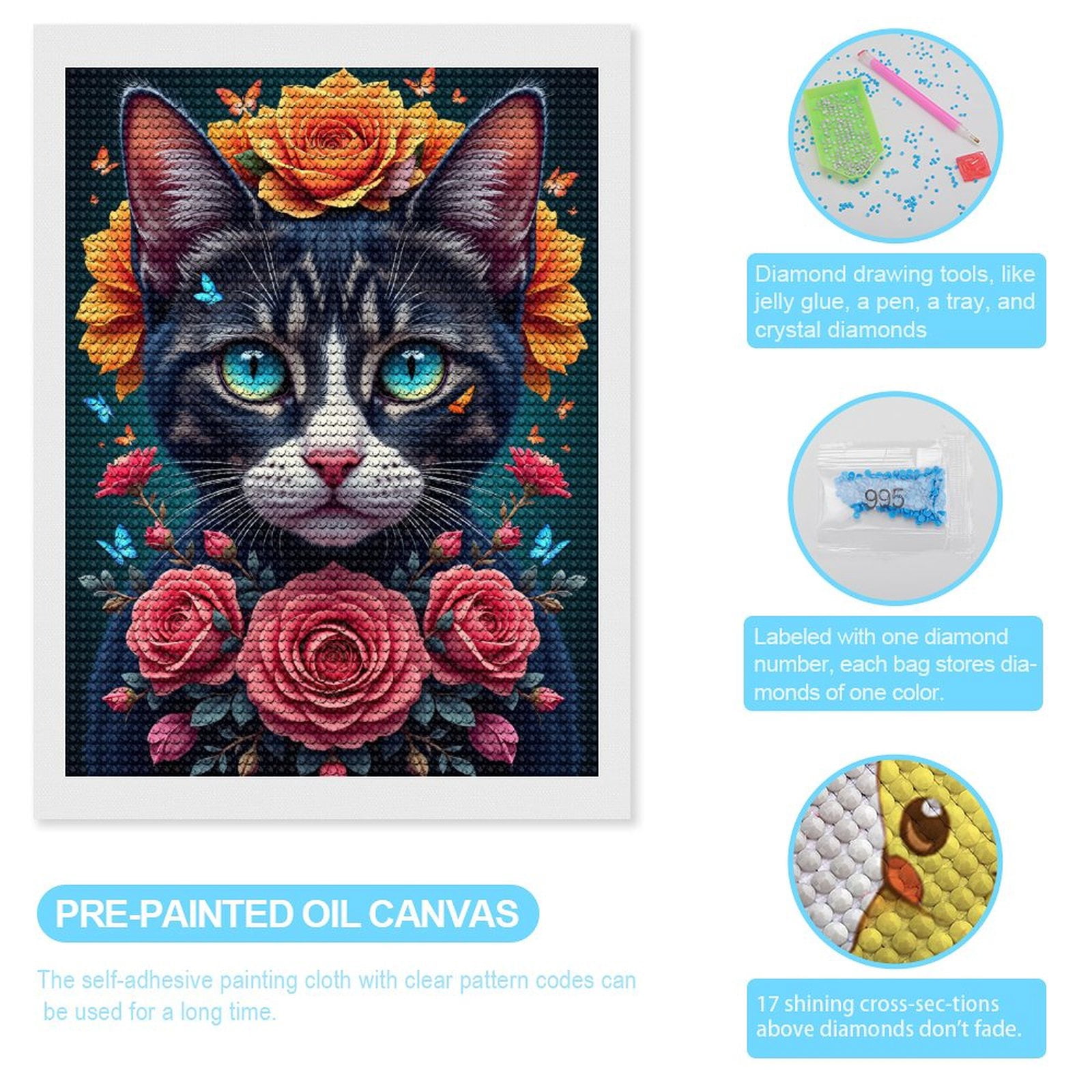 Diamond Art Kits for Adults, Cat Roses Butterflies Bright Blue Eyes 5D Diamond Painting Kits for Adults Beginners, DIY Full Drill Diamond Painting, Gem Art and Crafts 12x16