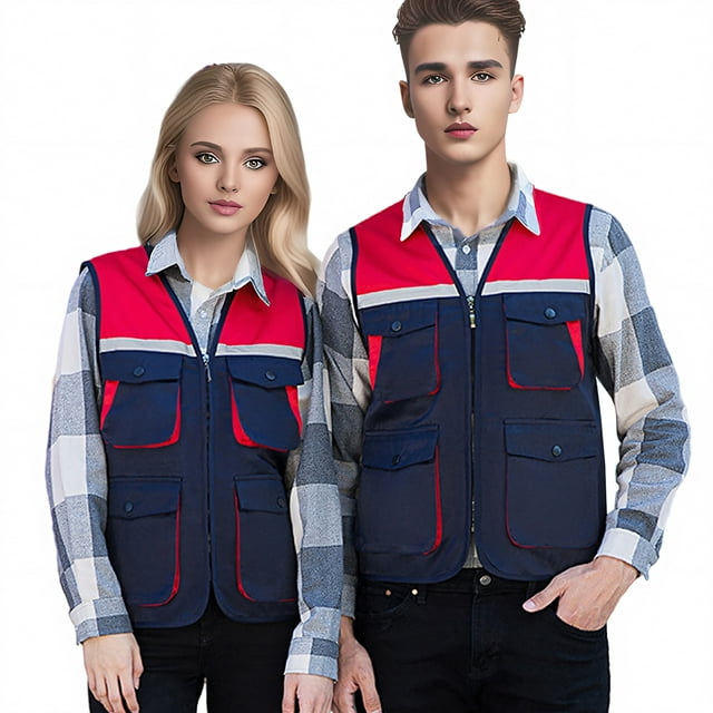 TOPTIE Veste de Travail Réfléchissante avec 4 Poches, Blocs de Couleur, Fermeture Éclair devant, Haute Visibilité avec Bandes Réfléchissantes - Marine - TG