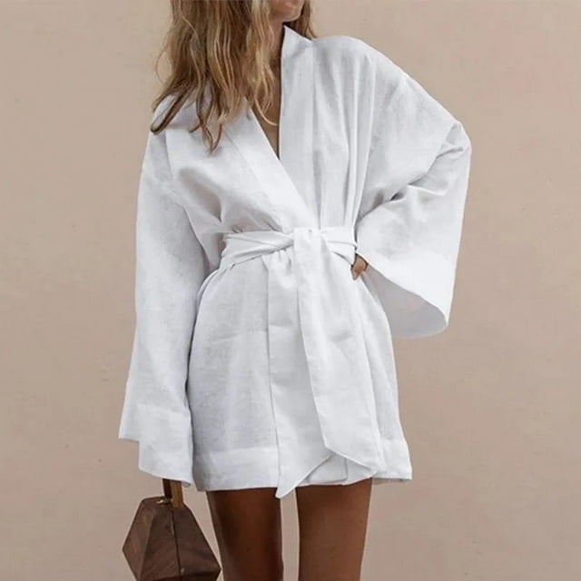 Kimono Cardigan Col en V pour Femmes Mini Robe Coton Lin Manches Longues Ceintures Robes Style Robe Lacets Vestidos Amples