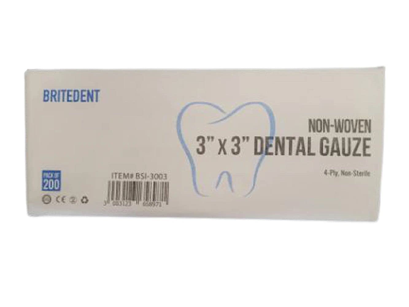 BRITEDENT Non Woven Sponges 3'X3' 4 Ply, NonSterile Cotton Dental Gauze (200)