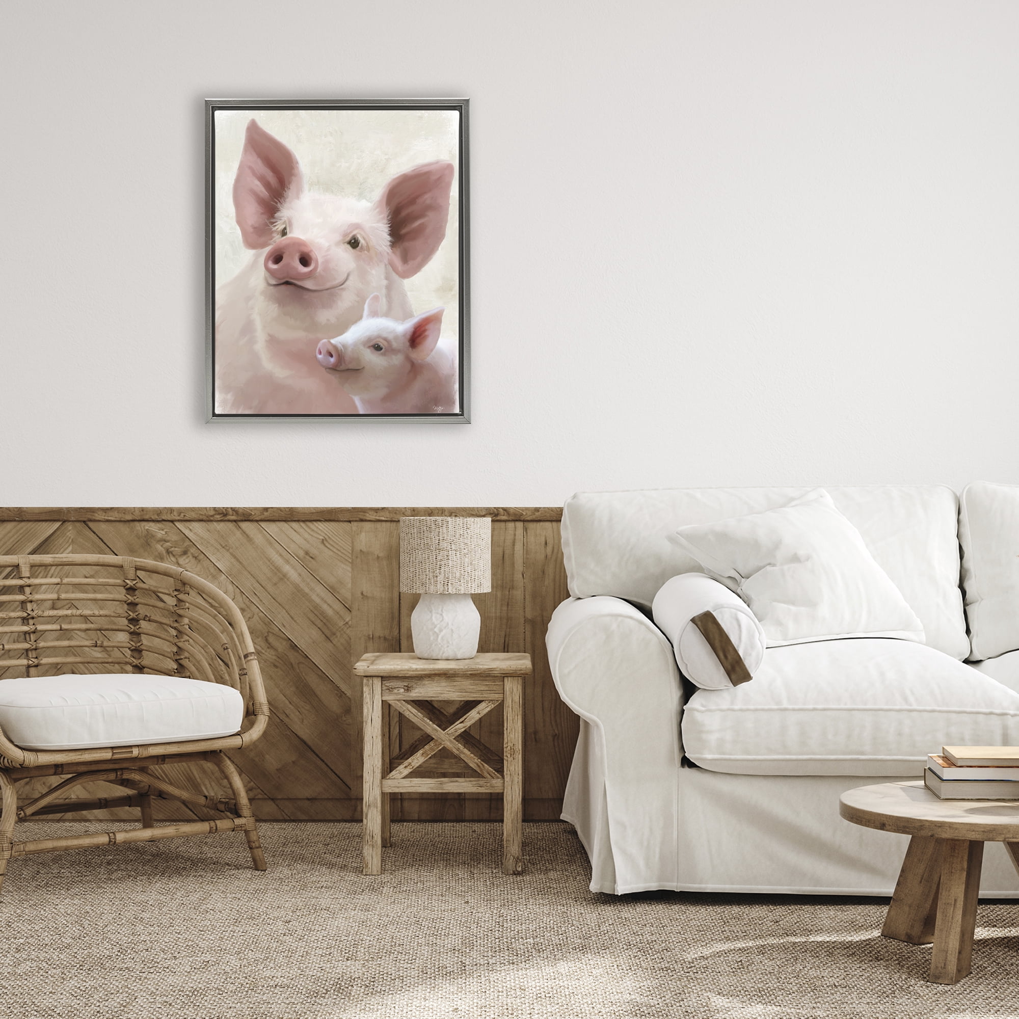 Stupell Industries Piglet & Mom Portrait Gray Framed Floater Canvas Wall Art, design by Mollie B.