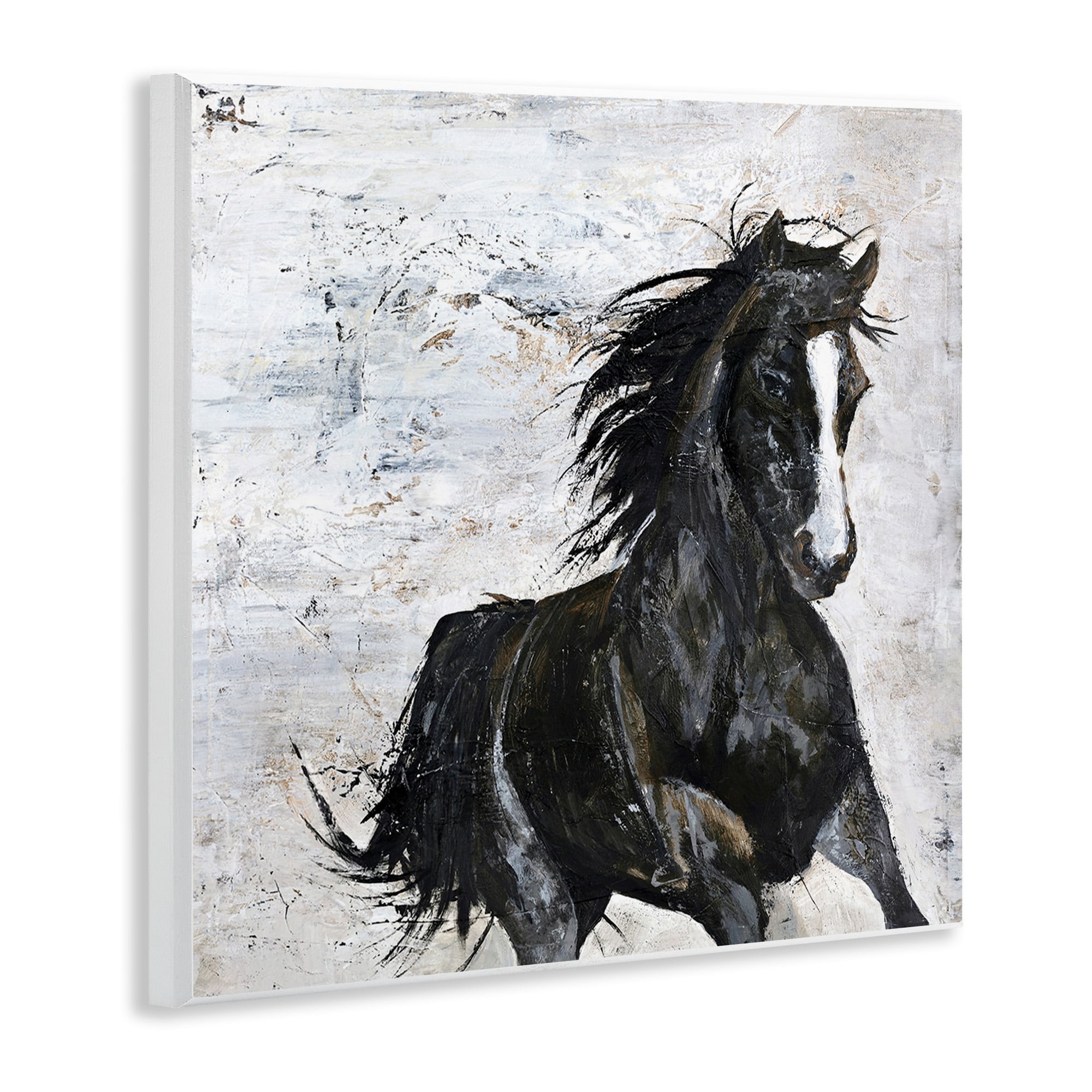 Stupell Industries Wild Black Horse Galloping over Abstract White Wall Plaque by Design Fabrikken