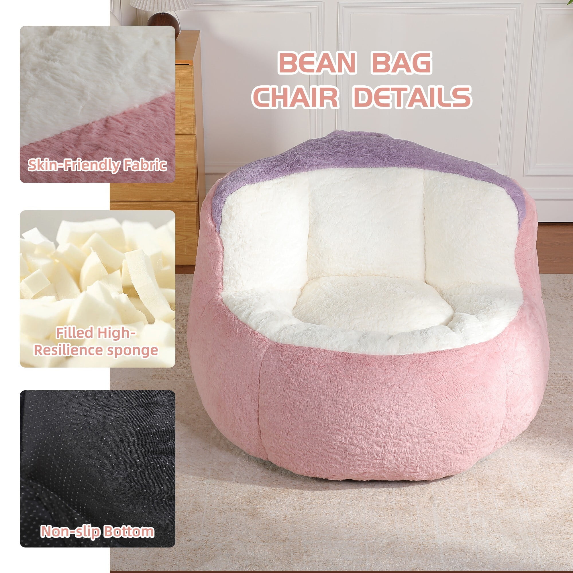 AENKYO Plush Faux Fur Bean Bag Chair - High Density Foam, Non-Slip, Portable Lounger for Living Room, Bedroom, Pink