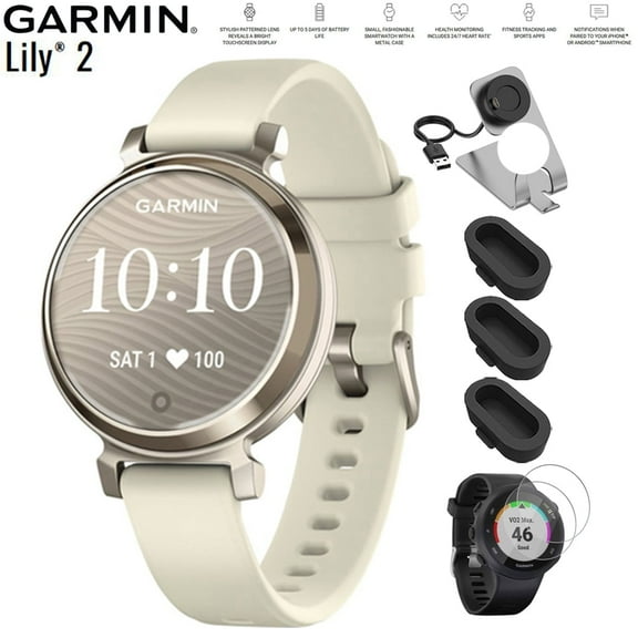 Garmin 010-02839-00 Lily 2 Smartwatch Cream Gold with Coconut Silicone Band Bundle with Deco Essentials Charging Dock, Silicone Dust Cover 3 Pack and Tempered Glass Screen Protector 2 Pack
