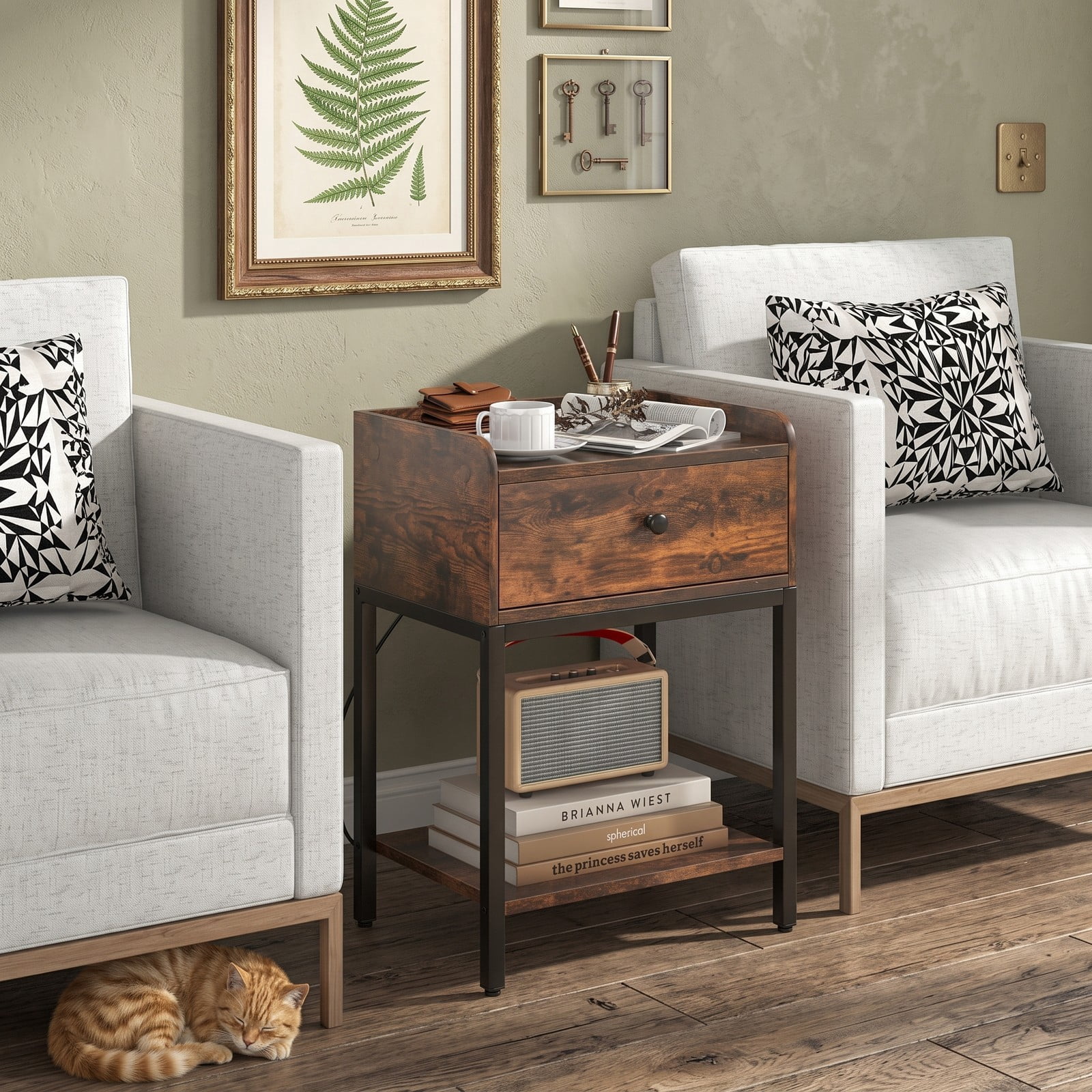 Furnibear Industrial Nightstand with Charging Station and Drawer for Convenient Bedside Storage in the Bedroom and Living Room, Rustic Brown