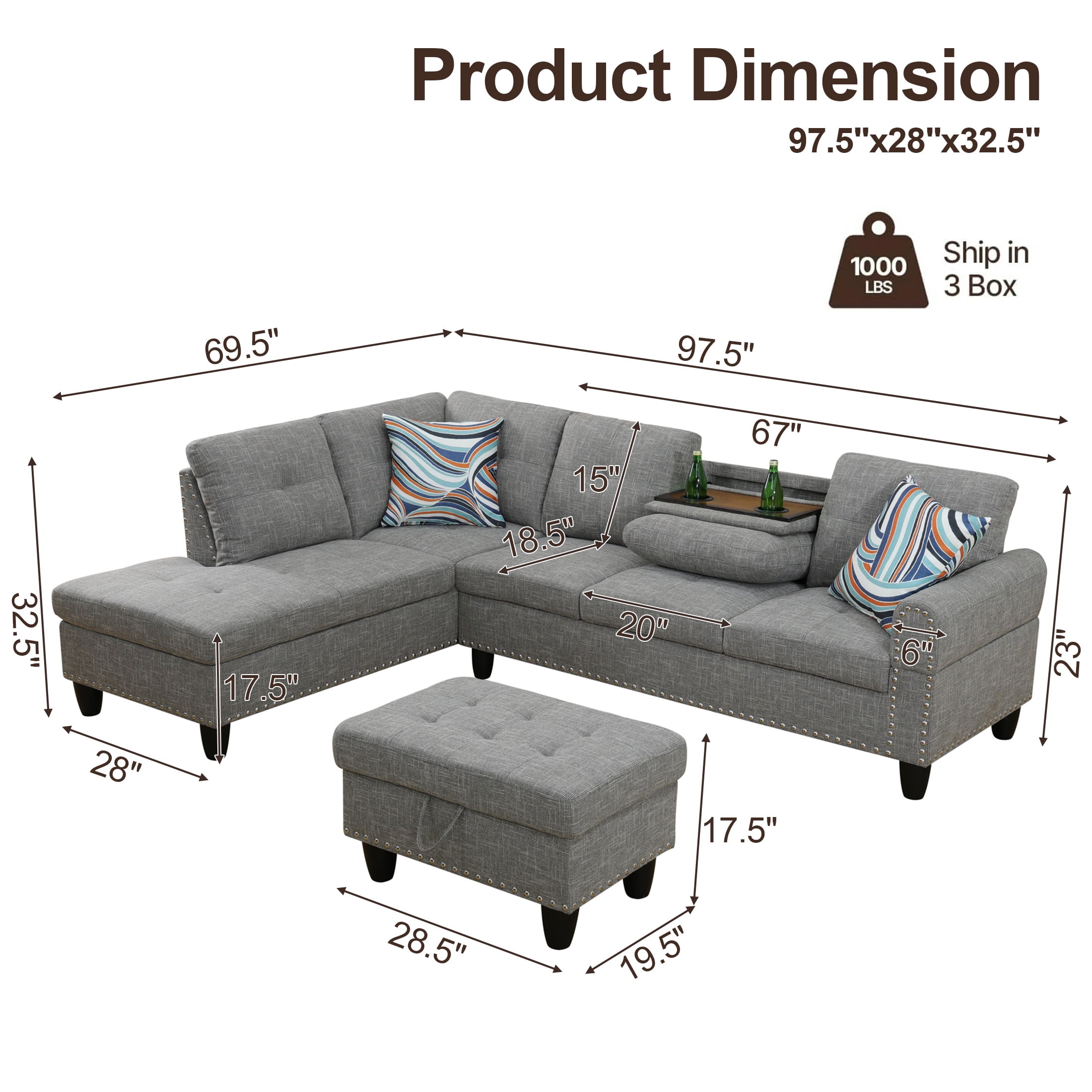 AENKYO 98" L-Shaped Sectional Sofa with Reversible Chaise, Storage Ottoman & Cup Holders, Linen, Gray