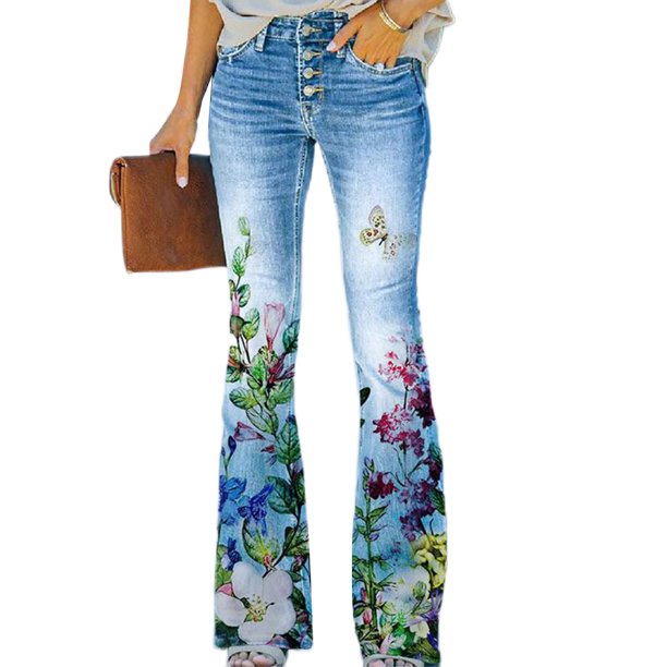 Avamo Women Long Pants Stretchy Jeans Floral Print Bottoms Stretch