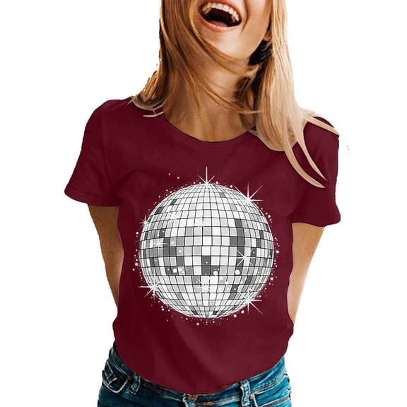 DGMIOCS Black and White Disco Ball Club Retro T-Shirt Women's Short Sleeve Casual Party T-Shirt XL