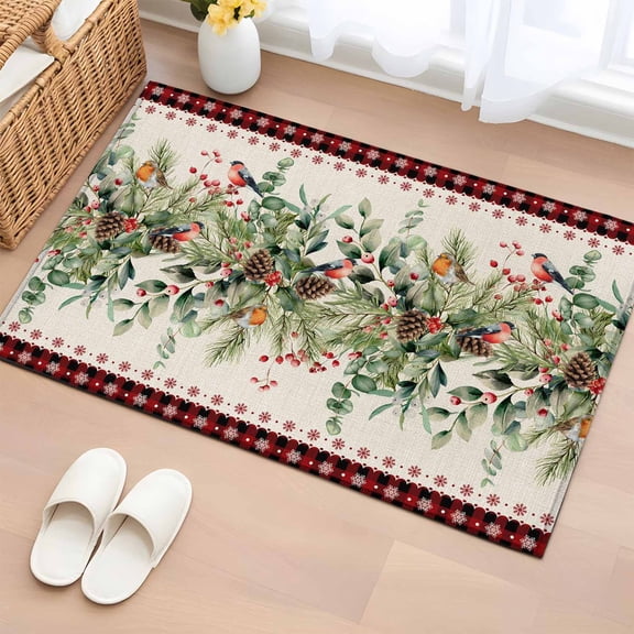 Rectangle Area Rugs 2 x 3 Ft, Christmas Eucalyptus Non-Slip Residential Carpet, Xmas Red Plaid Botanical Pine Cones Indoor Crawling Mats Runner Rugs for Living Room/Dining Room/Bedroom