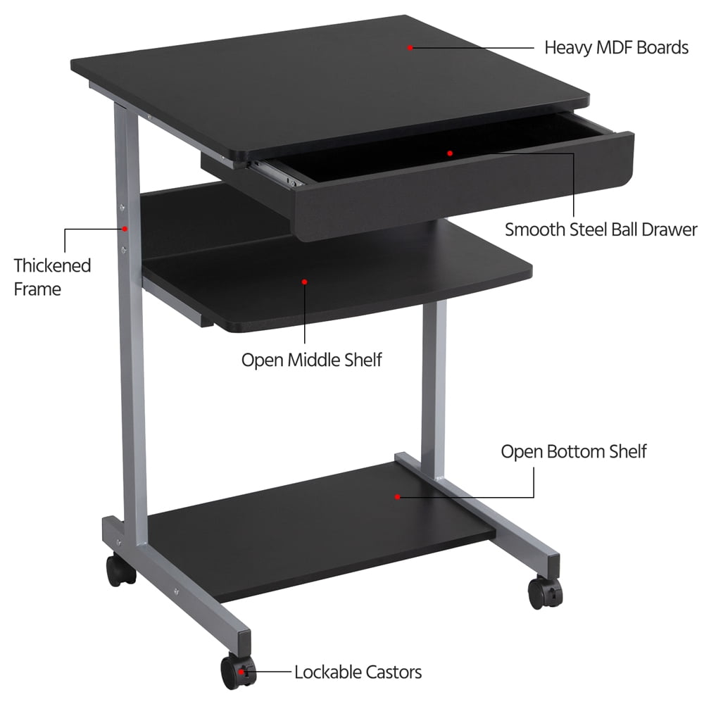 Yaheetech Rolling Laptop Computer Desk Table with Drawer and Shelf on Wheels, Black