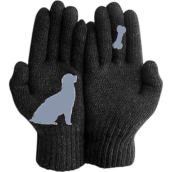 Dog Pattern Winter Gloves, Thermal Knitted Bone Design Full Finger Gloves, Warm Cotton Dog Lover Gloves(Black)(X)
