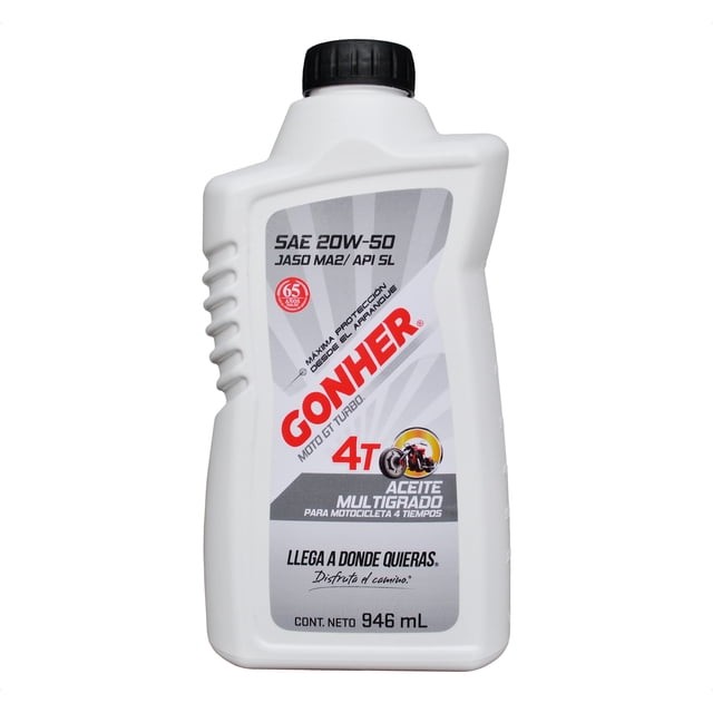 aceite de moto gonher 20w50 mineral 1012711 4 tiempos gt turbo 950 ml envase blanco con etiqueta gris y roja y tapa negra; texto SAE 20W-50, 4T y marca GONHER visibles, para motores de 4 tiempos, útil también como aceite multigrado para motos en trabajo moderado a severo.