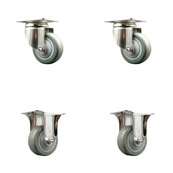 3.5 Inch 316SS Gray Polyurethane Wheel Swivel Top Plate Caster Set 2 Rigid SCC